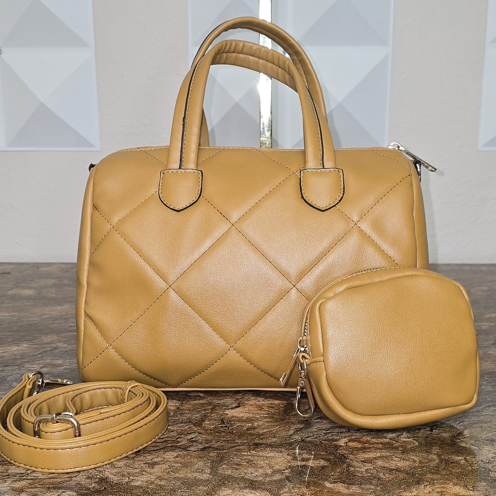 Quilted Caramel Brown Satchel Crossbody Handbag w/ Coin Purse Top Handle Purse